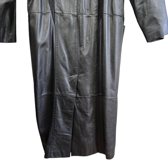 Vintage 80s Pelle Long Leather Jacker Trench Coat Duster Patterned Black Women M - Picture 8 of 13